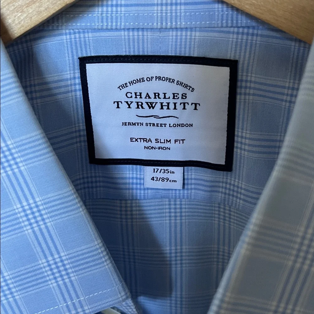 Charles Tyrwhitt Light Blue Plaid Dress Shirt Extra Slim Fit 17/35